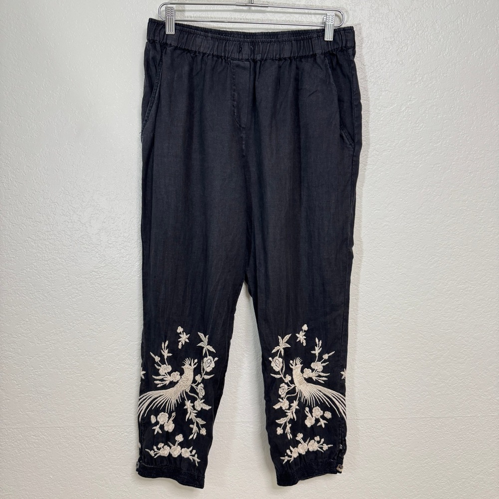 JW Los Angeles Pants Women Medium Black Linen Embroidered Bird Floral Boho
